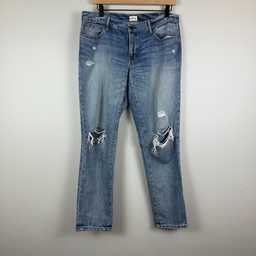ABLE Jeans Women's‎ 28 Blue Denim Medium Wash Distressed Slouch Casual Stretch